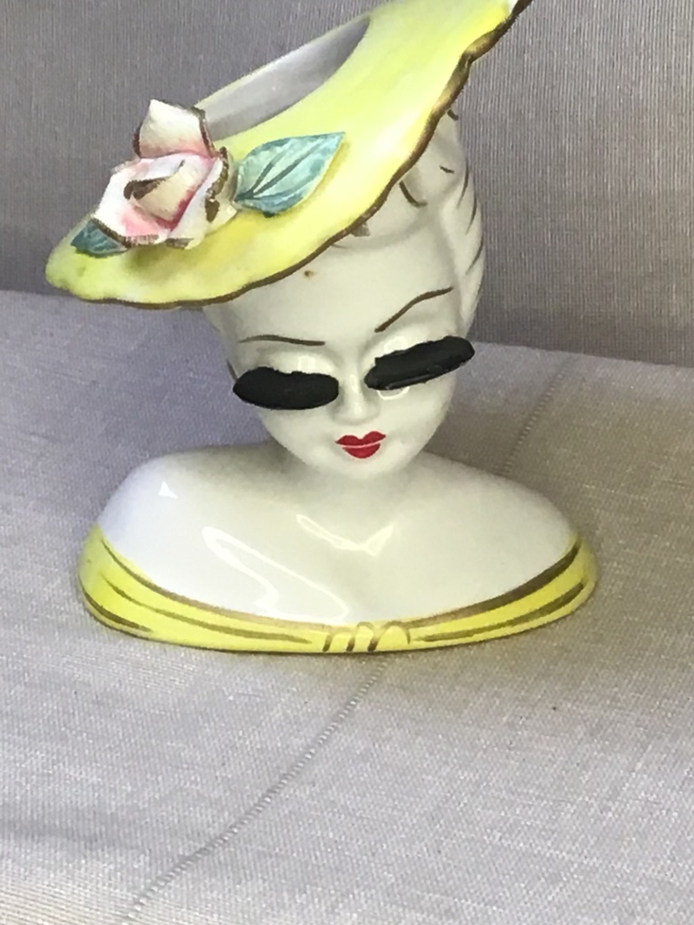 Mid Century Modern Ceramic Lady Head Vase Yellow Hat w/ Pink Flower.